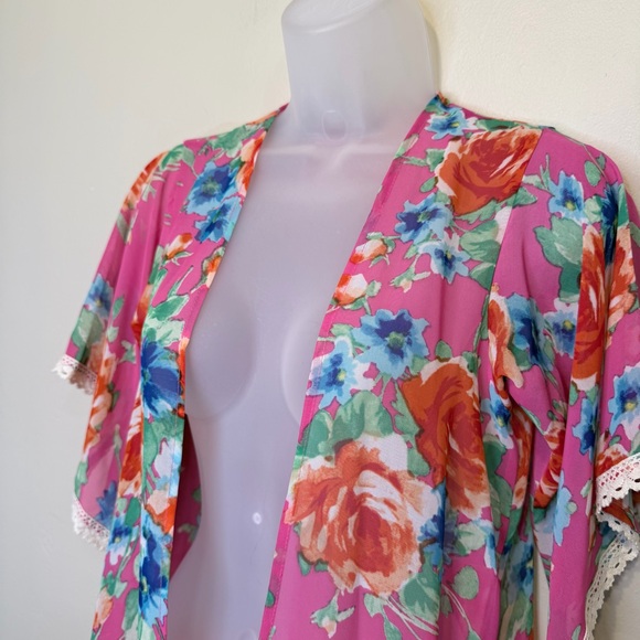 Chic Happens | Vibrant Floral Lace Trim Open Front Kimono Robe Swim Cover-Up - Picture 7 of 12